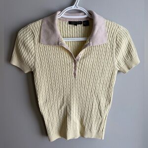 JEANNE PIERRE Pale Yellow Cable Knit Polo with Light Pink Collar